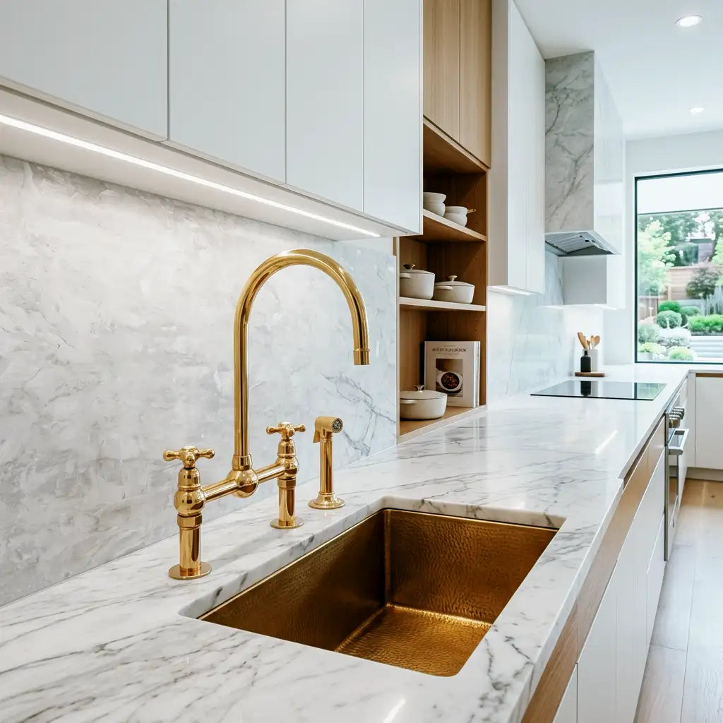 Unlacquered Solid Brass Bridge Faucet, Vintage Kitchen Sink Tap