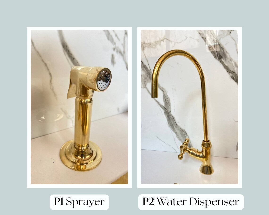 Unlacquered Brass Wall Mount Faucet, Two Handle Hot & Cold Sink Tap