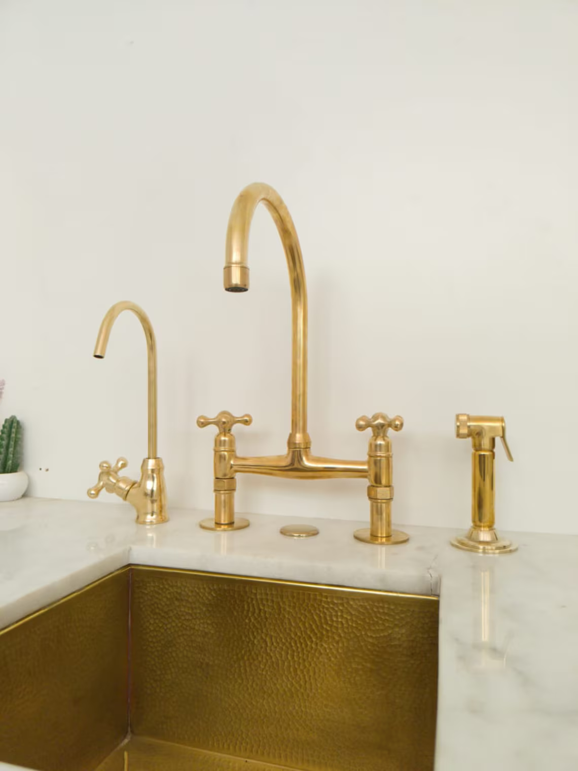 Unlacquered Brass Wall Mount Faucet, Two Handle Hot & Cold Sink Tap