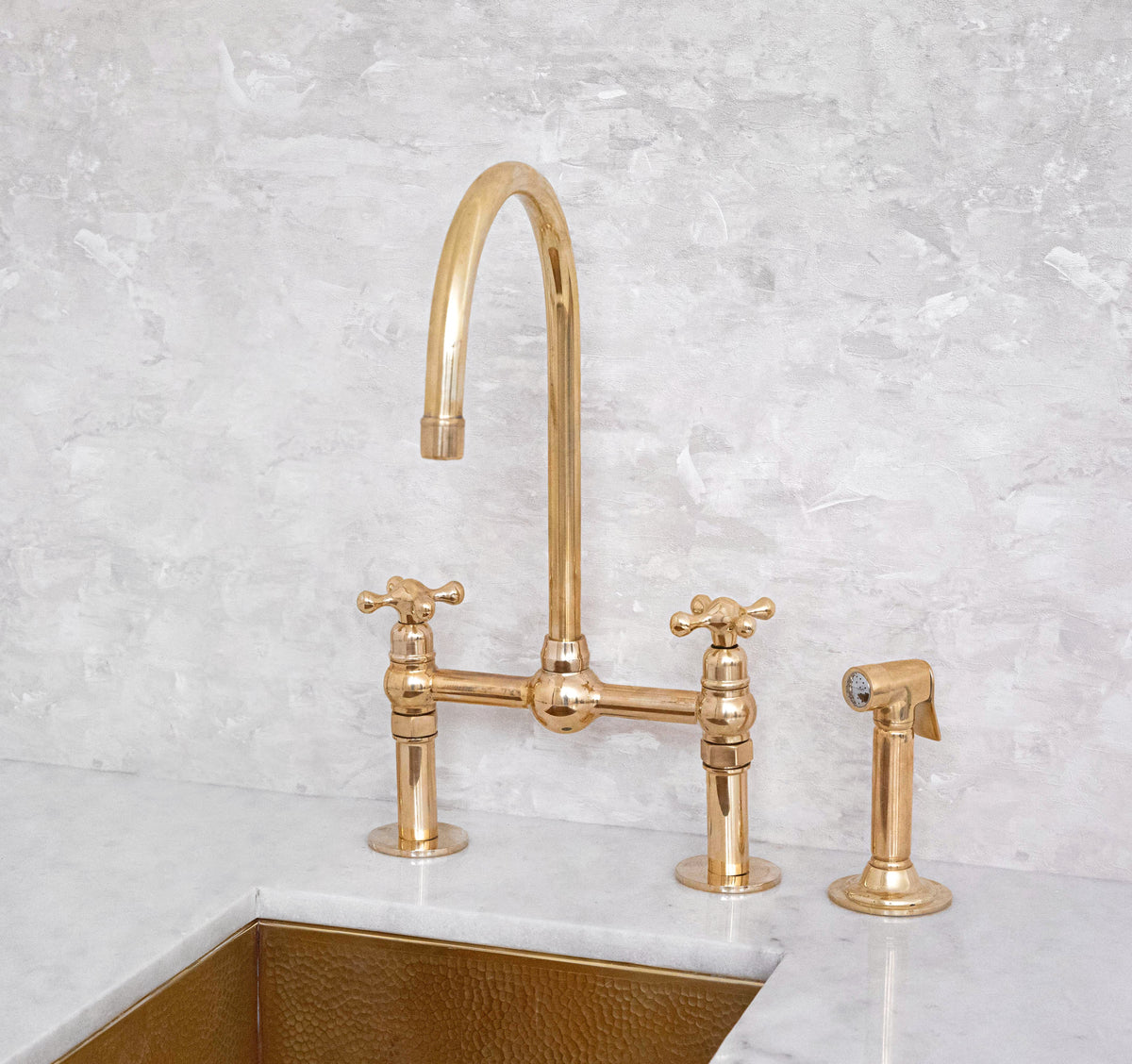 Unlacquered Solid Brass Bridge Faucet, Vintage Kitchen Sink Tap