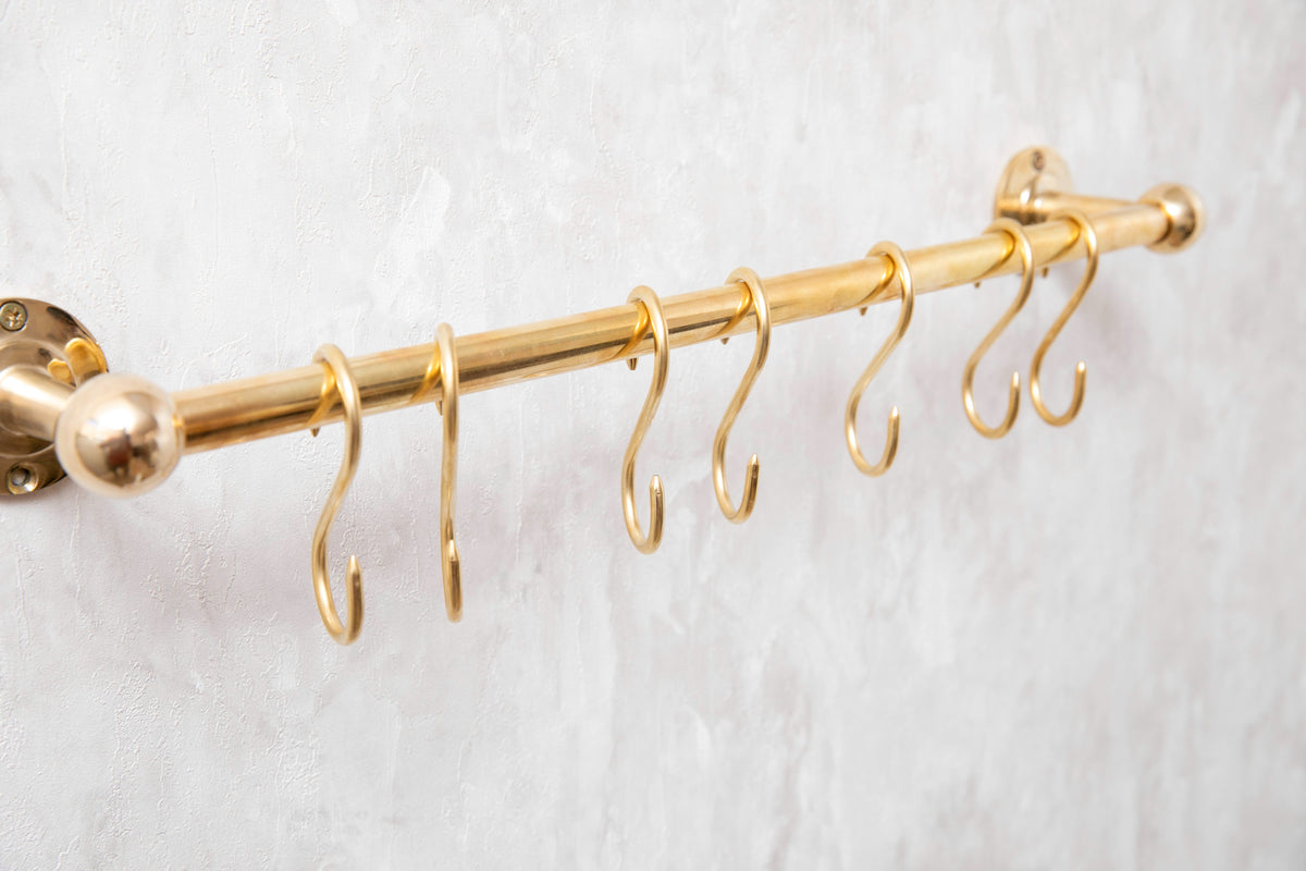 Solid Brass Pot Rail With Hooks, Unlacquered Brass Kitchen Pot Rack, Pot Hangers