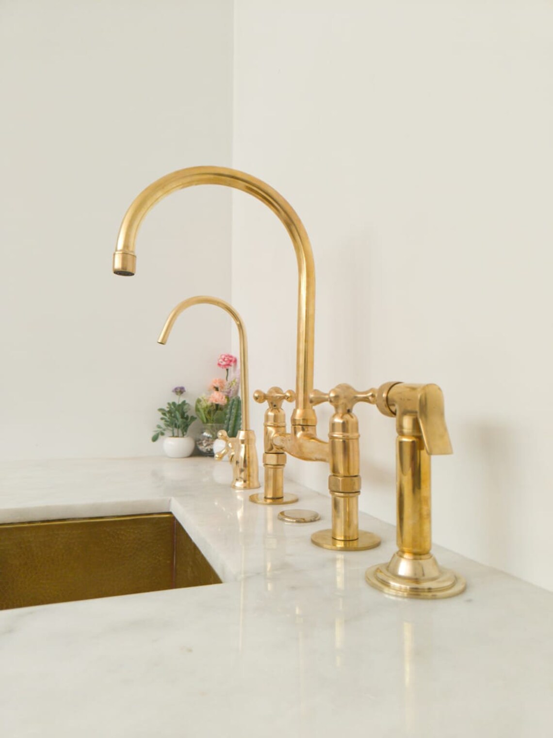Unlacquered Brass Wall Mount Faucet, Two Handle Hot & Cold Sink Tap