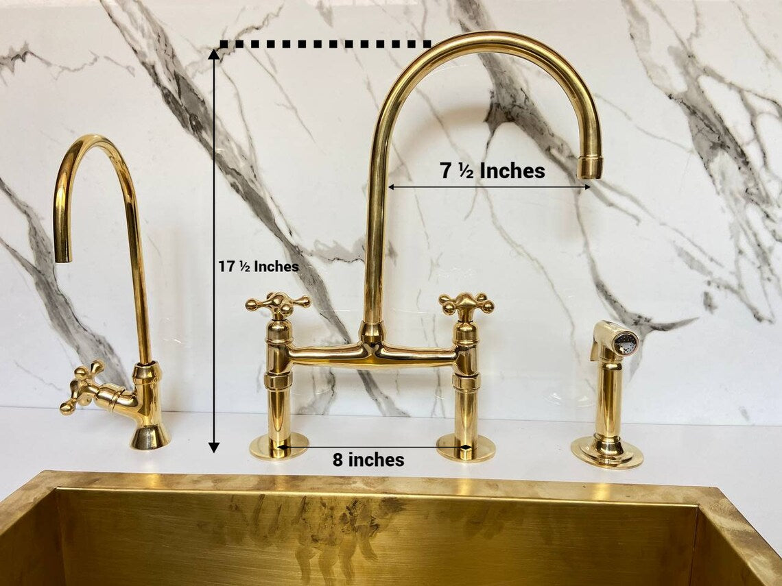 Unlacquered Brass Wall Mount Faucet, Two Handle Hot & Cold Sink Tap