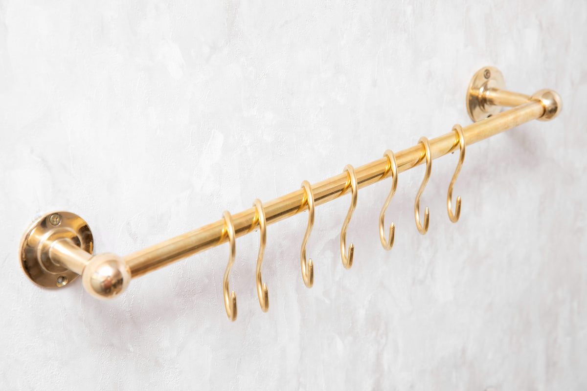 Solid Brass Pot Rail With Hooks, Unlacquered Brass Kitchen Pot Rack, Pot Hangers
