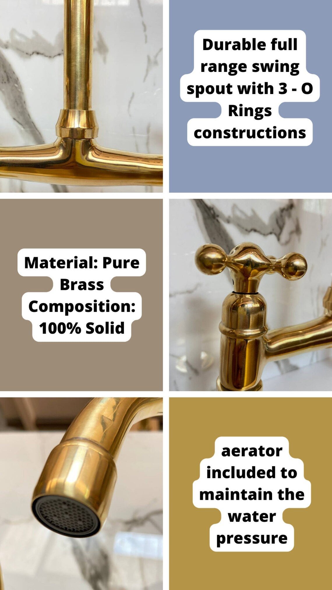 Unlacquered Brass Wall Mount Faucet, Two Handle Hot & Cold Sink Tap