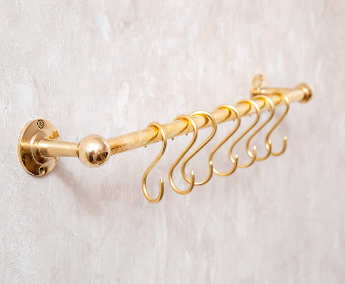 Solid Brass Pot Rail With Hooks, Unlacquered Brass Kitchen Pot Rack, Pot Hangers