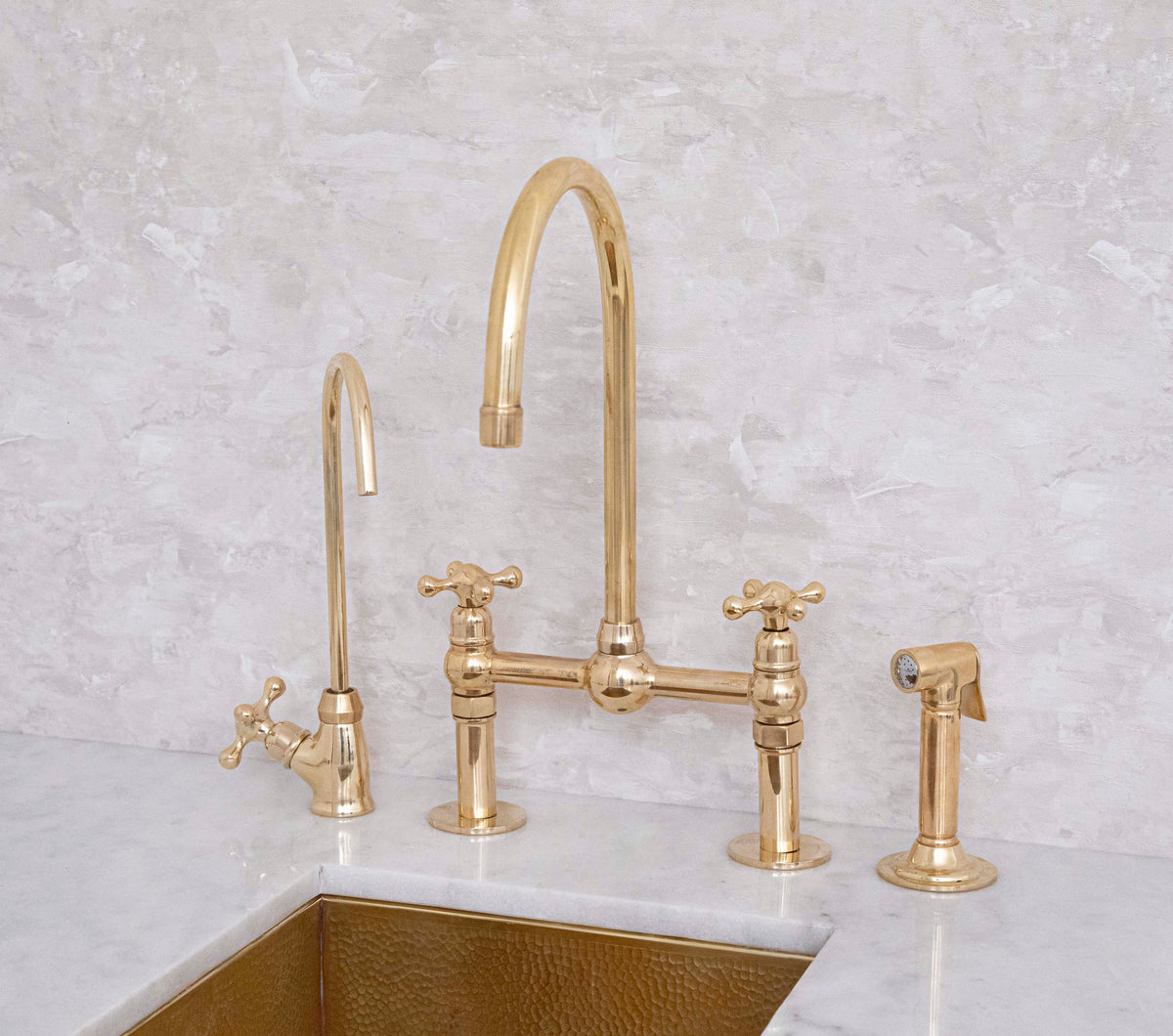 Unlacquered Solid Brass Bridge Faucet, Vintage Kitchen Sink Tap
