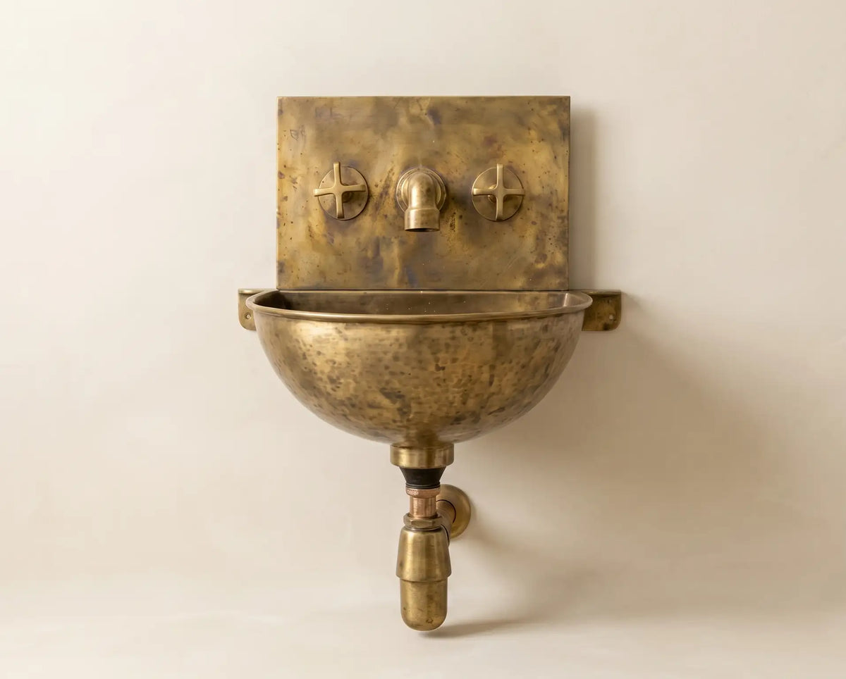 Unlacquered Brass Wall Sink – Hammered Bathroom Basin with Faucet