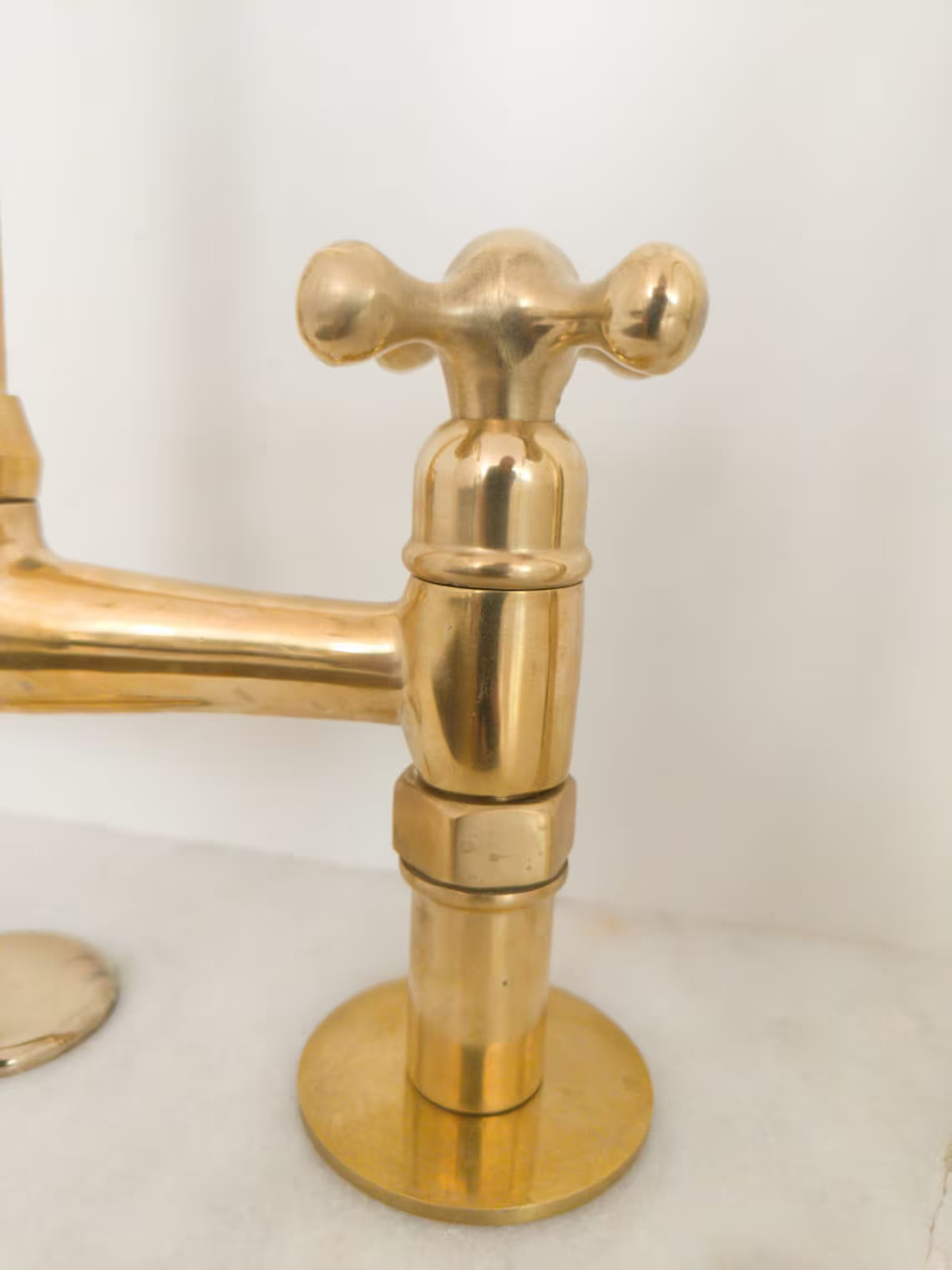 Unlacquered Brass Wall Mount Faucet, Two Handle Hot & Cold Sink Tap