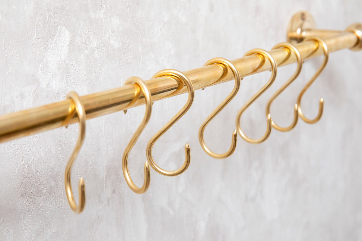 Solid Brass Pot Rail With Hooks, Unlacquered Brass Kitchen Pot Rack, Pot Hangers