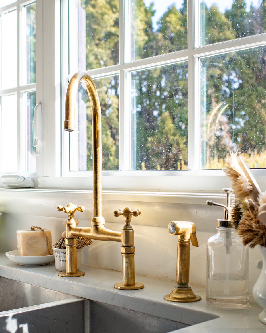 Unlacquered Brass Bridge Faucet, Antique Brass Kitchen Tap