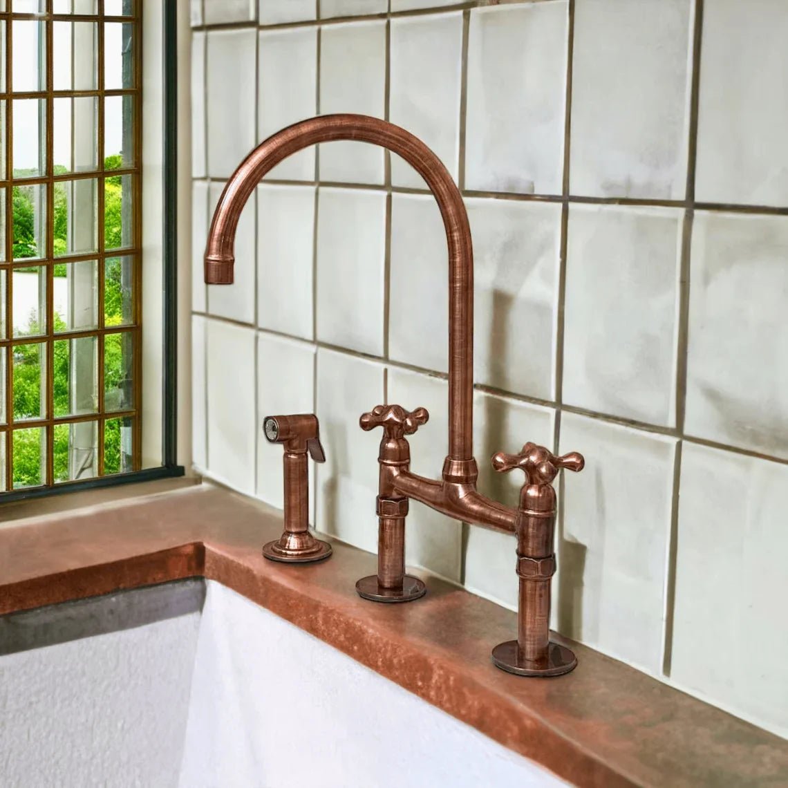 Aged Copper Bridge Faucet, Vintage Kitchen Sink Faucet, Aged Copper Tap - handcrafted luxury Kitchen Faucets for kitchen and bathroom interiors by Brooklyn Brass