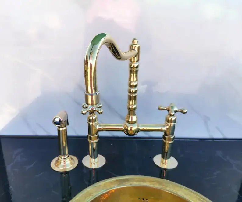 Antique Brass Bridge Kitchen Faucet - Solid Brass Vintage Tap - handcrafted luxury Kitchen Faucets for kitchen and bathroom interiors by Brooklyn Brass