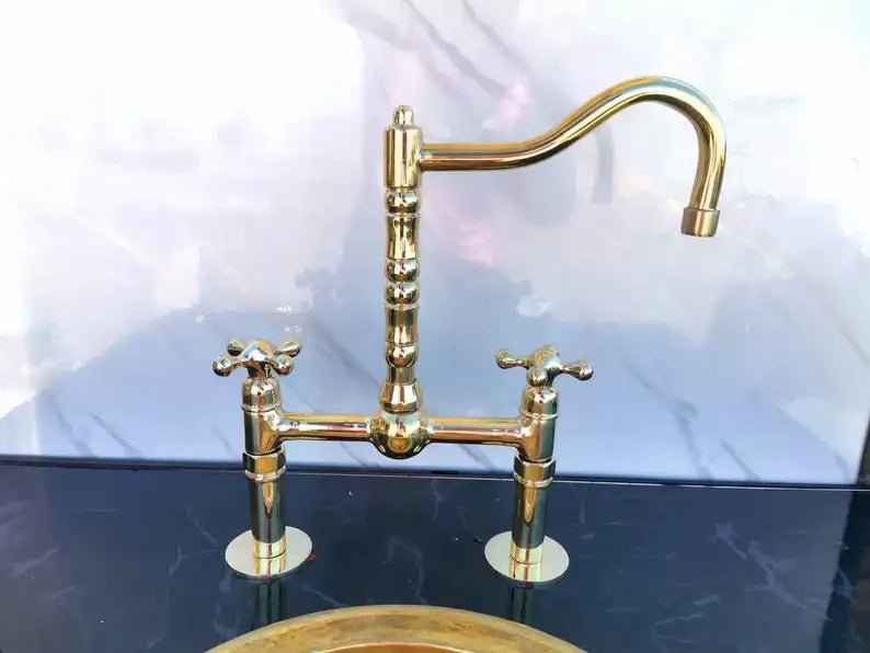Antique Brass Bridge Kitchen Faucet - Solid Brass Vintage Tap - handcrafted luxury Kitchen Faucets for kitchen and bathroom interiors by Brooklyn Brass