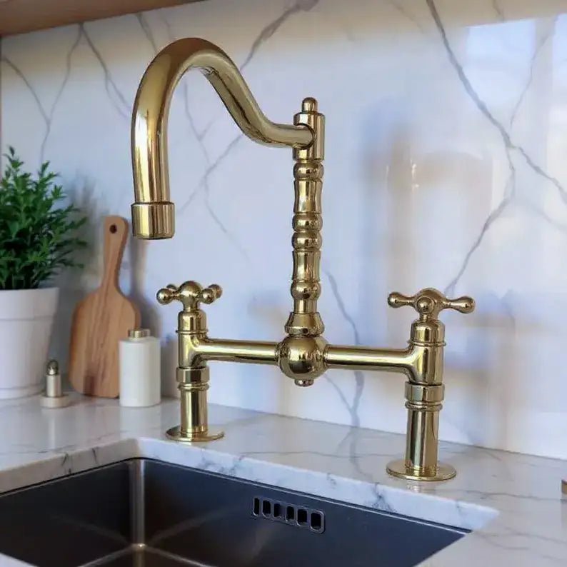 Antique Brass Bridge Kitchen Faucet - Solid Brass Vintage Tap - handcrafted luxury Kitchen Faucets for kitchen and bathroom interiors by Brooklyn Brass