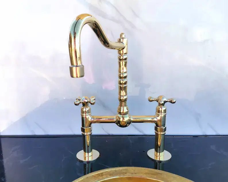 Antique Brass Bridge Kitchen Faucet - Solid Brass Vintage Tap - handcrafted luxury Kitchen Faucets for kitchen and bathroom interiors by Brooklyn Brass