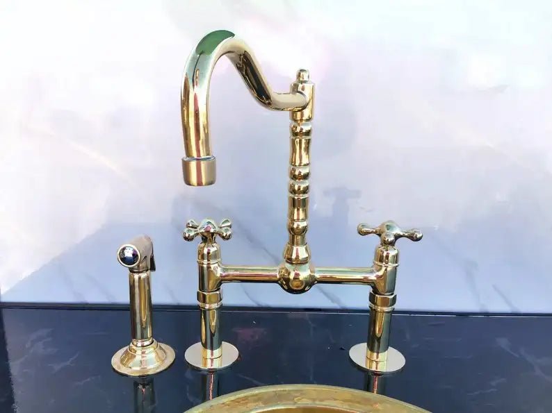Antique Brass Bridge Kitchen Faucet - Solid Brass Vintage Tap - handcrafted luxury Kitchen Faucets for kitchen and bathroom interiors by Brooklyn Brass