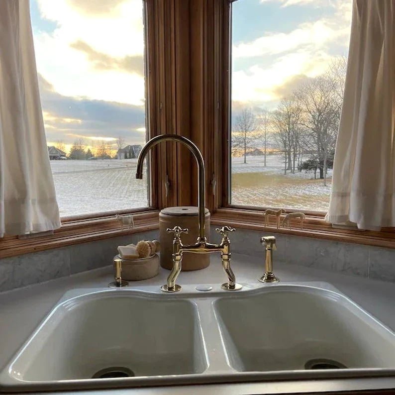 Antique Brass Bridge Kitchen Faucet With Curved Legs - Brass Kitchen Tap - handcrafted luxury Kitchen Faucets for kitchen and bathroom interiors by Brooklyn Brass