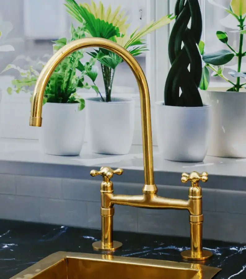 Antique Brass Bridge Kitchen Faucet With Curved Legs - Brass Kitchen Tap - handcrafted luxury Kitchen Faucets for kitchen and bathroom interiors by Brooklyn Brass