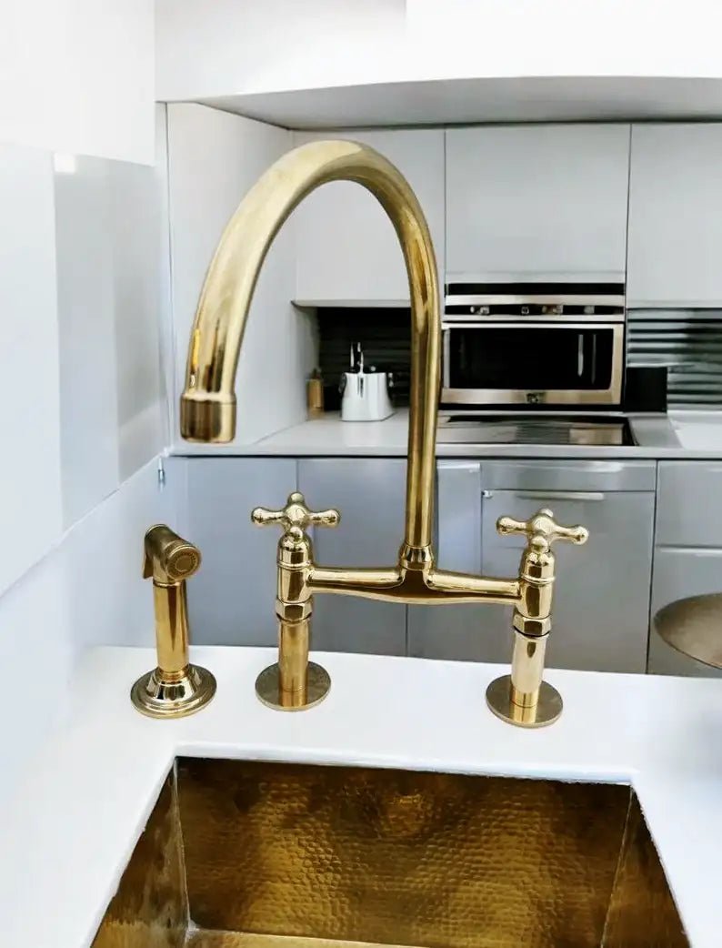 Antique Brass Bridge Kitchen Faucet With Curved Legs - Brass Kitchen Tap - handcrafted luxury Kitchen Faucets for kitchen and bathroom interiors by Brooklyn Brass