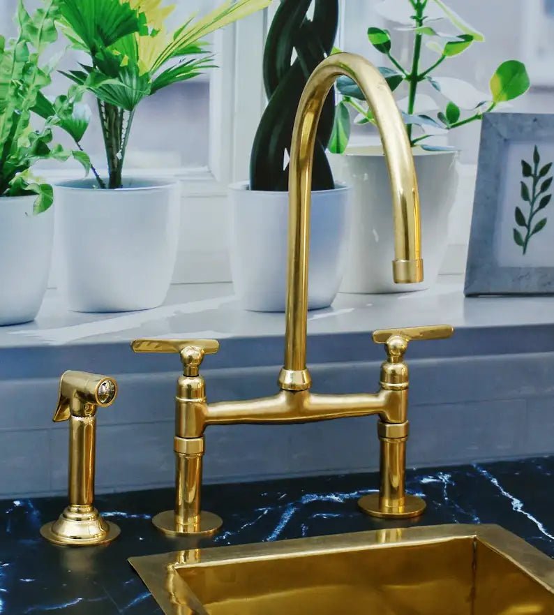 Antique Brass Bridge Kitchen Faucet With Curved Legs - Brass Kitchen Tap - handcrafted luxury Kitchen Faucets for kitchen and bathroom interiors by Brooklyn Brass