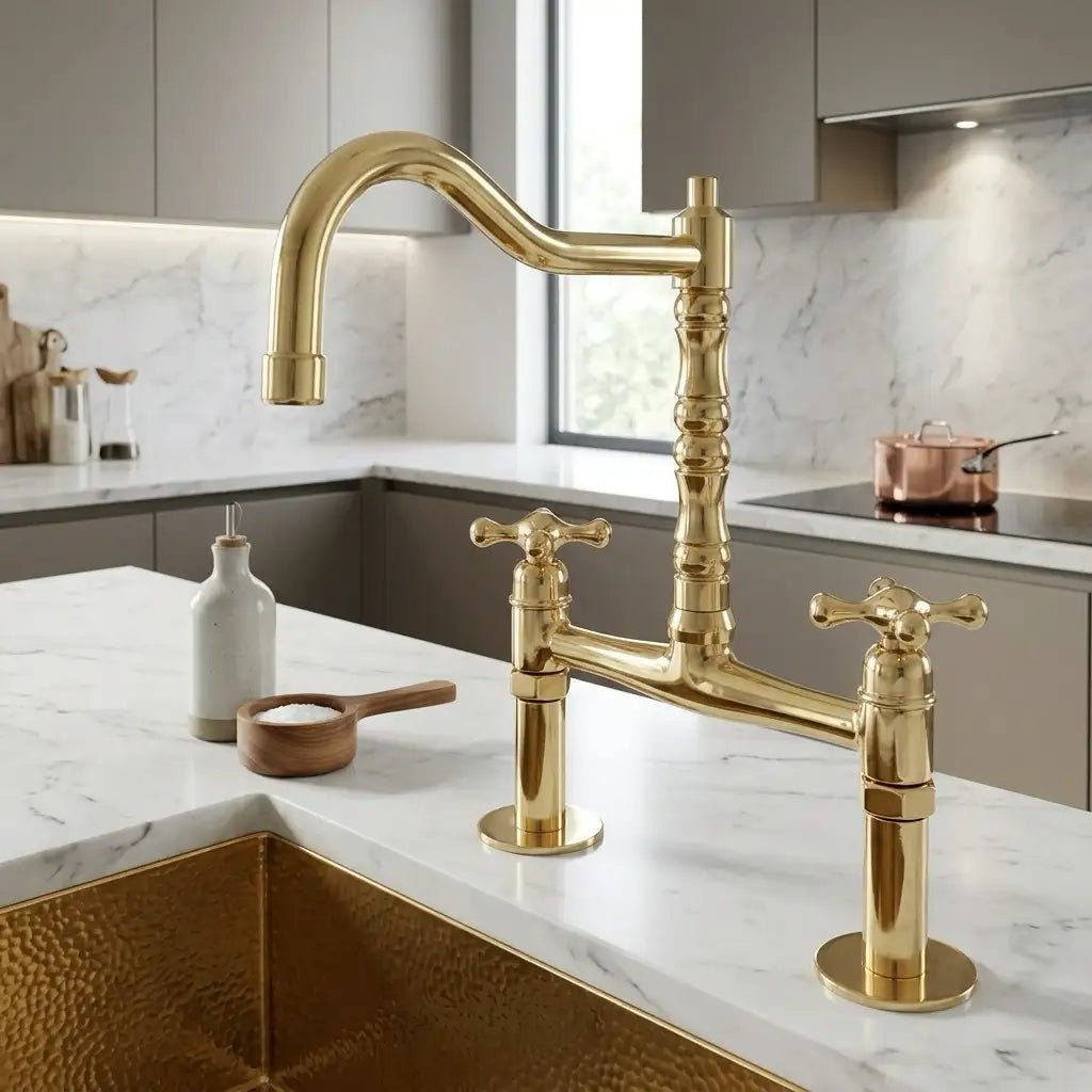 Antique Solid Brass Bridge Faucet, Vintage Kitchen Sink Tap - handcrafted luxury Kitchen Faucets for kitchen and bathroom interiors by Brooklyn Brass