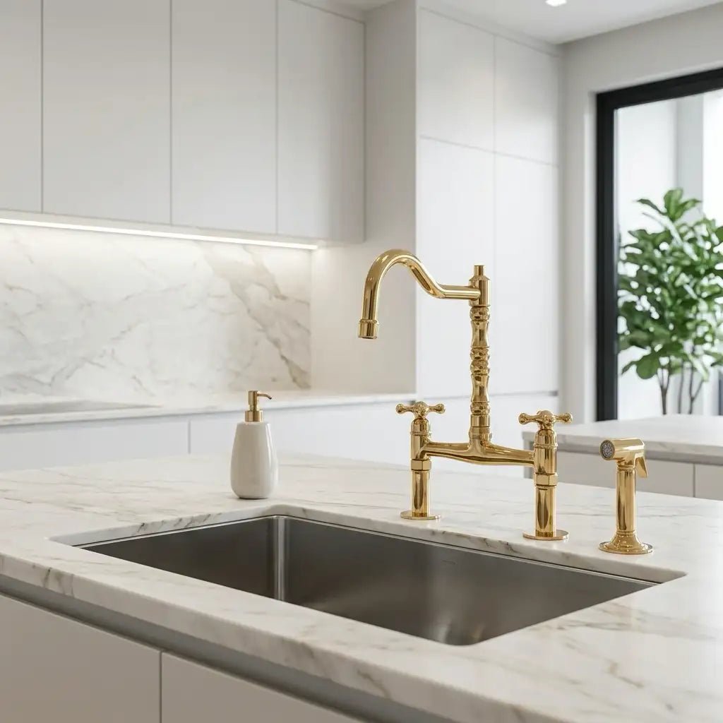 Antique Solid Brass Bridge Faucet, Vintage Kitchen Sink Tap - handcrafted luxury Kitchen Faucets for kitchen and bathroom interiors by Brooklyn Brass