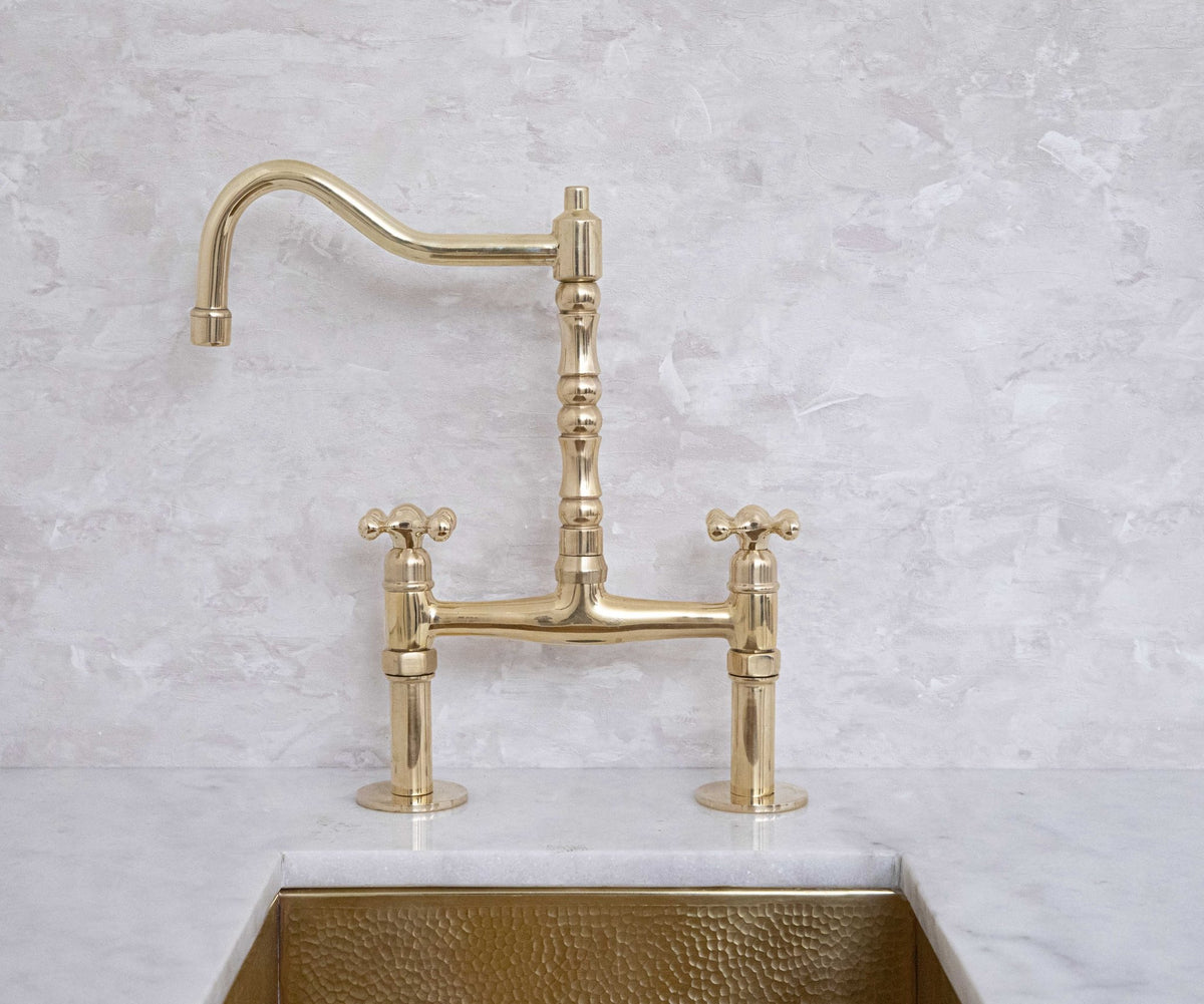 Antique Solid Brass Bridge Faucet, Vintage Kitchen Sink Tap - handcrafted luxury Kitchen Faucets for kitchen and bathroom interiors by Brooklyn Brass