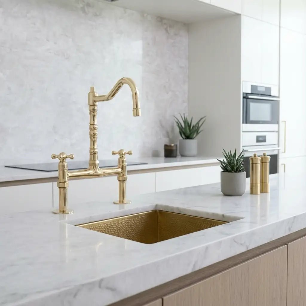 Antique Solid Brass Bridge Faucet, Vintage Kitchen Sink Tap - handcrafted luxury Kitchen Faucets for kitchen and bathroom interiors by Brooklyn Brass