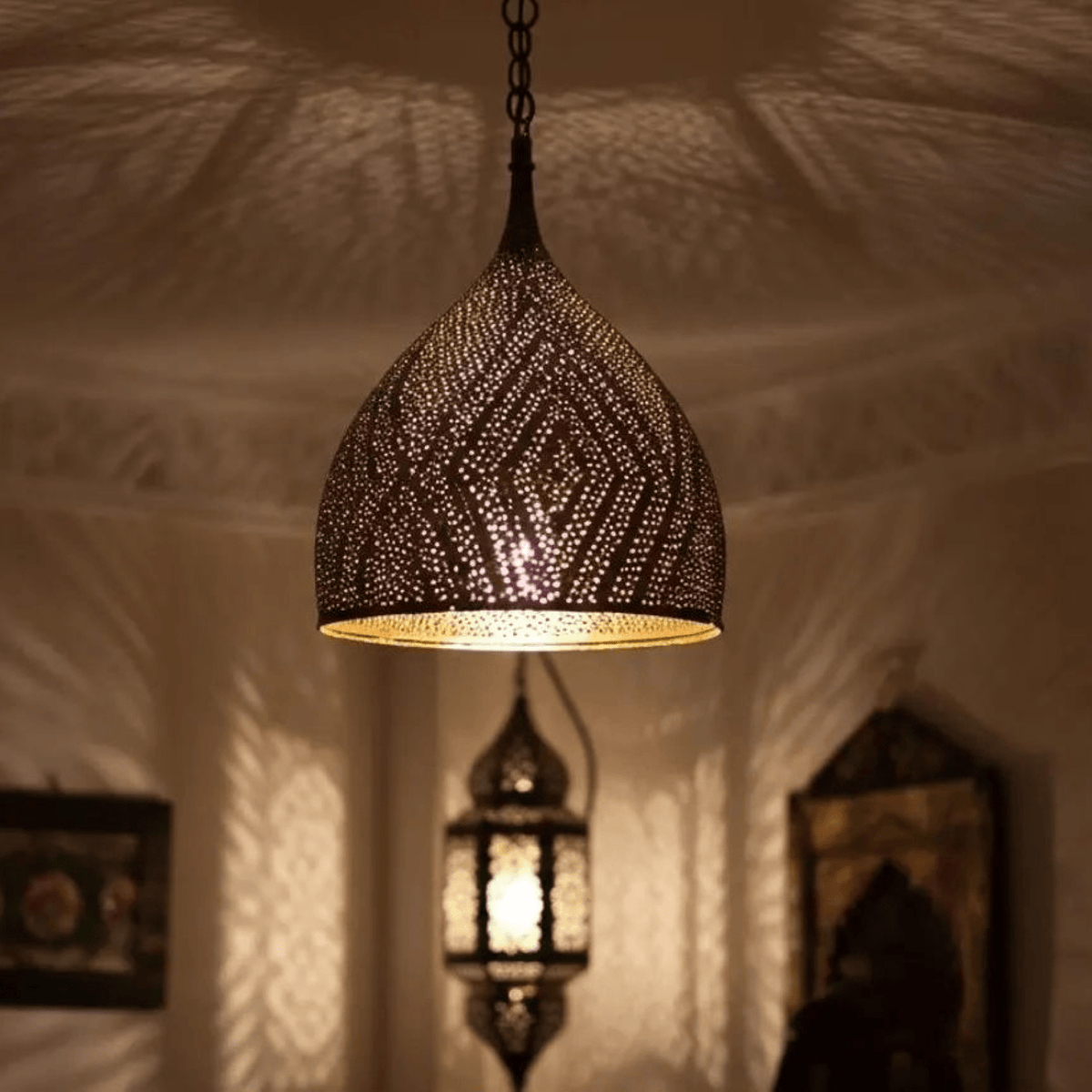 Brass Teardrop Pendant Light – Pierced Moroccan - Style Ceiling Lamp - handcrafted luxury for kitchen and bathroom interiors by Brooklyn Brass