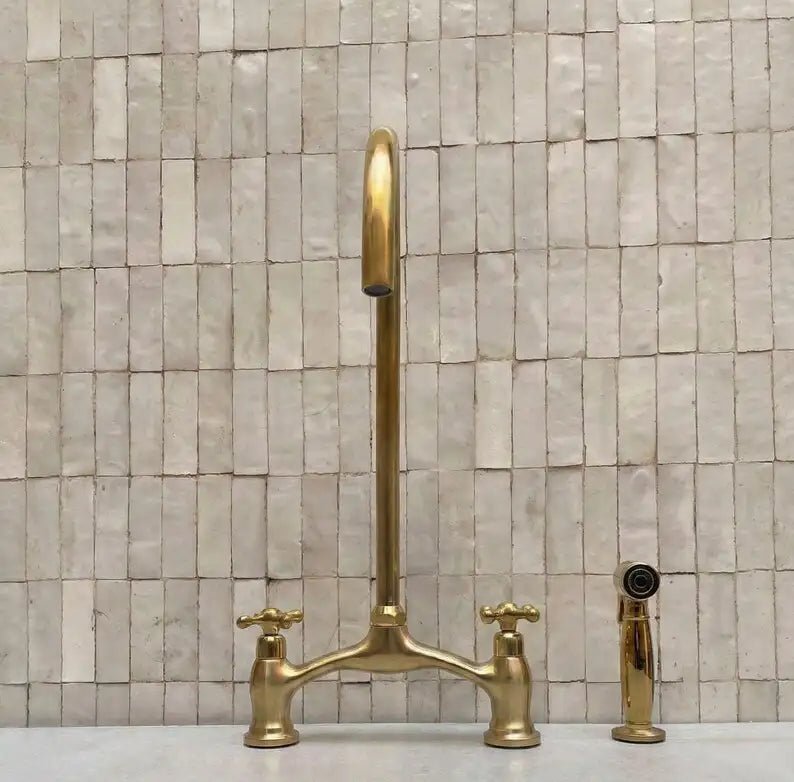 Brass V-Style Bridge Kitchen Faucet, Arched Brass Tap - handcrafted luxury Kitchen Faucets for kitchen and bathroom interiors by Brooklyn Brass