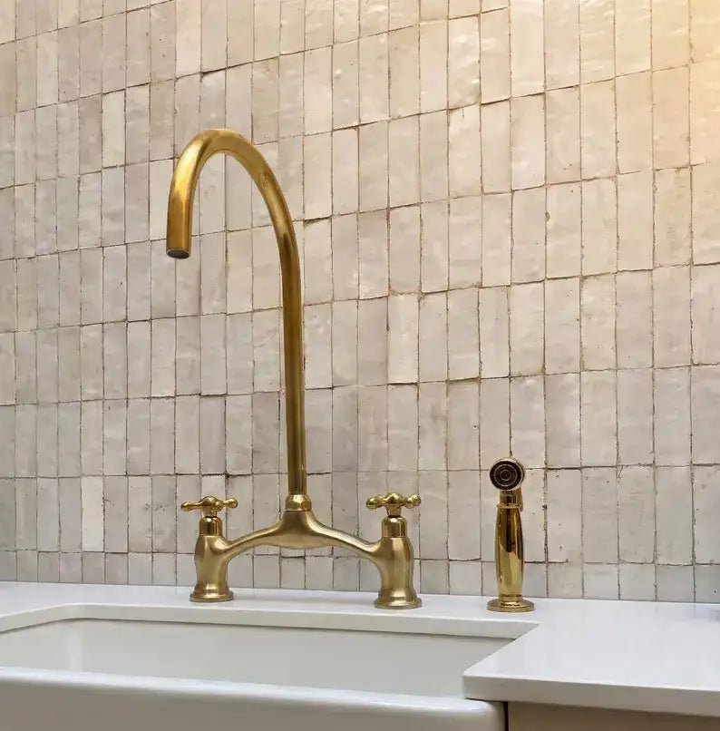 Brass V-Style Bridge Kitchen Faucet, Arched Brass Tap - handcrafted luxury Kitchen Faucets for kitchen and bathroom interiors by Brooklyn Brass