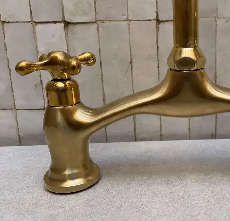 Brass V-Style Bridge Kitchen Faucet, Arched Brass Tap - handcrafted luxury Kitchen Faucets for kitchen and bathroom interiors by Brooklyn Brass