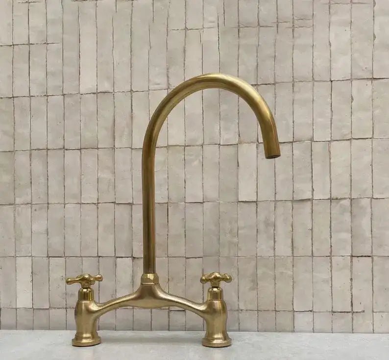 Brass V-Style Bridge Kitchen Faucet, Arched Brass Tap - handcrafted luxury Kitchen Faucets for kitchen and bathroom interiors by Brooklyn Brass