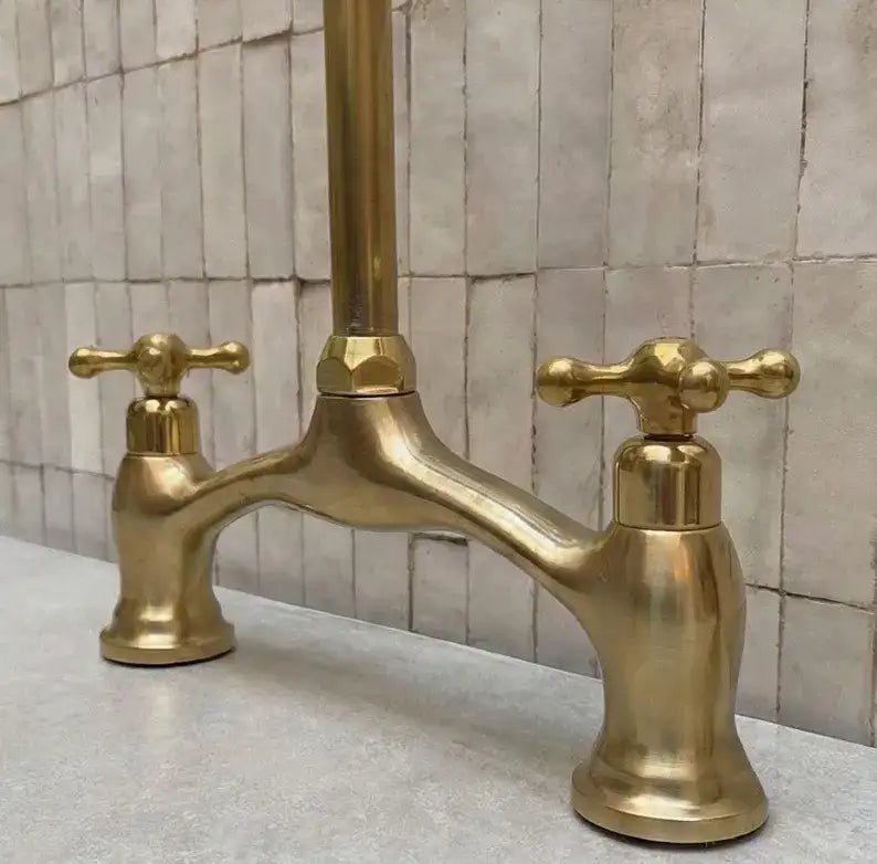 Brass V-Style Bridge Kitchen Faucet, Arched Brass Tap - handcrafted luxury Kitchen Faucets for kitchen and bathroom interiors by Brooklyn Brass