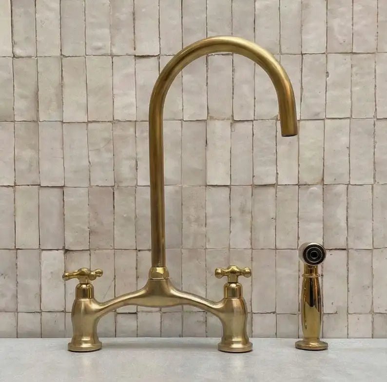 Brass V-Style Bridge Kitchen Faucet, Arched Brass Tap - handcrafted luxury Kitchen Faucets for kitchen and bathroom interiors by Brooklyn Brass