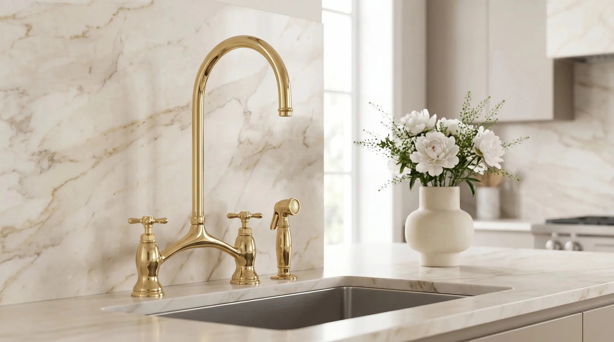 Brass V - Style Bridge Kitchen Faucet, Arched Brass Tap - handcrafted luxury Kitchen Faucets for kitchen and bathroom interiors by Brooklyn Brass