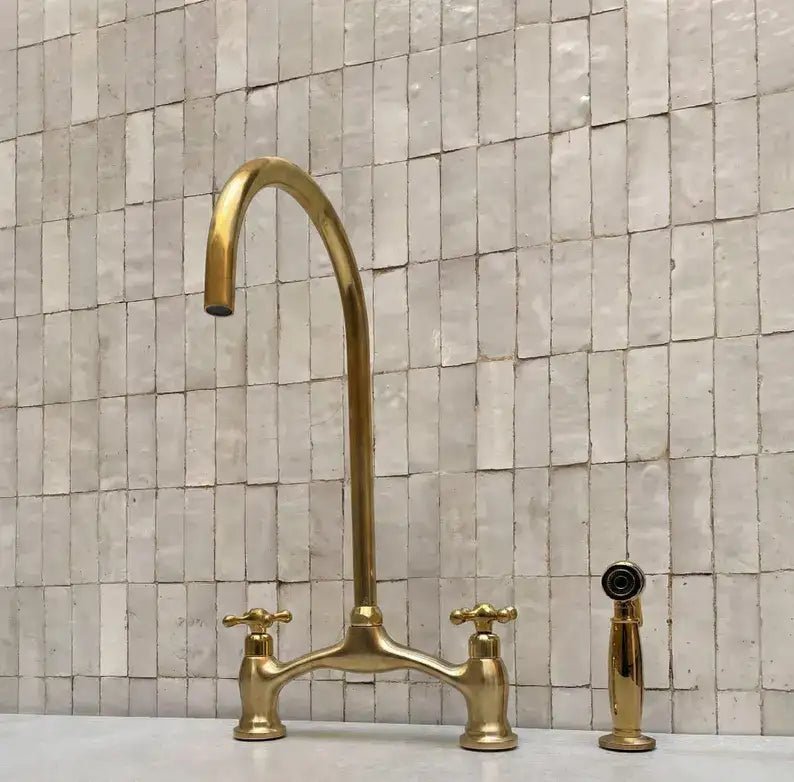 Brass V-Style Bridge Kitchen Faucet, Arched Brass Tap - handcrafted luxury Kitchen Faucets for kitchen and bathroom interiors by Brooklyn Brass