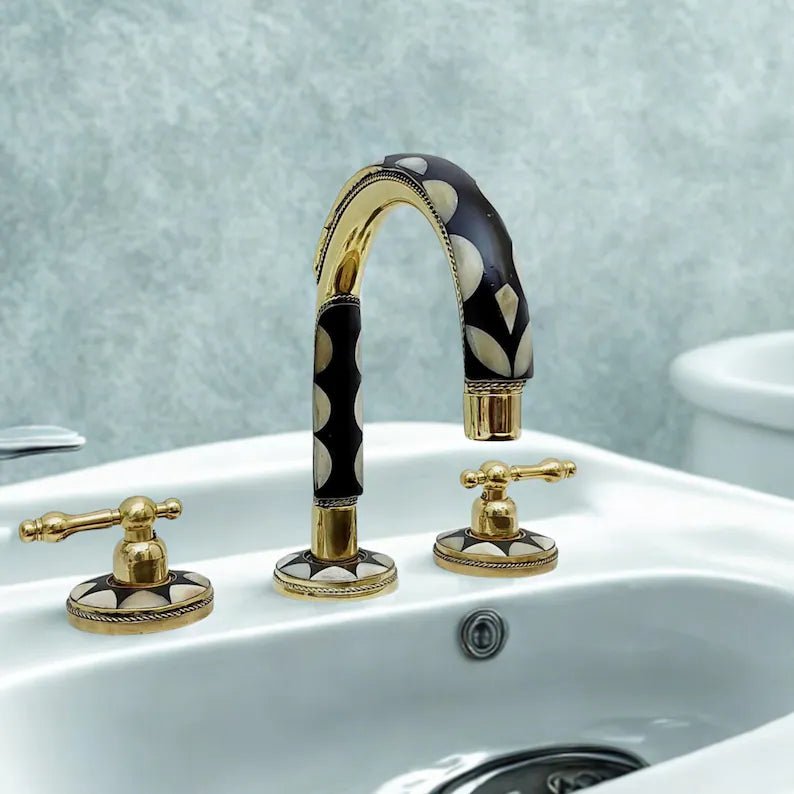 Brass & Wood Widespread 3 Holes Bathroom Faucet - Brass Bath Tap - handcrafted luxury Bathroom Faucets for kitchen and bathroom interiors by Brooklyn Brass