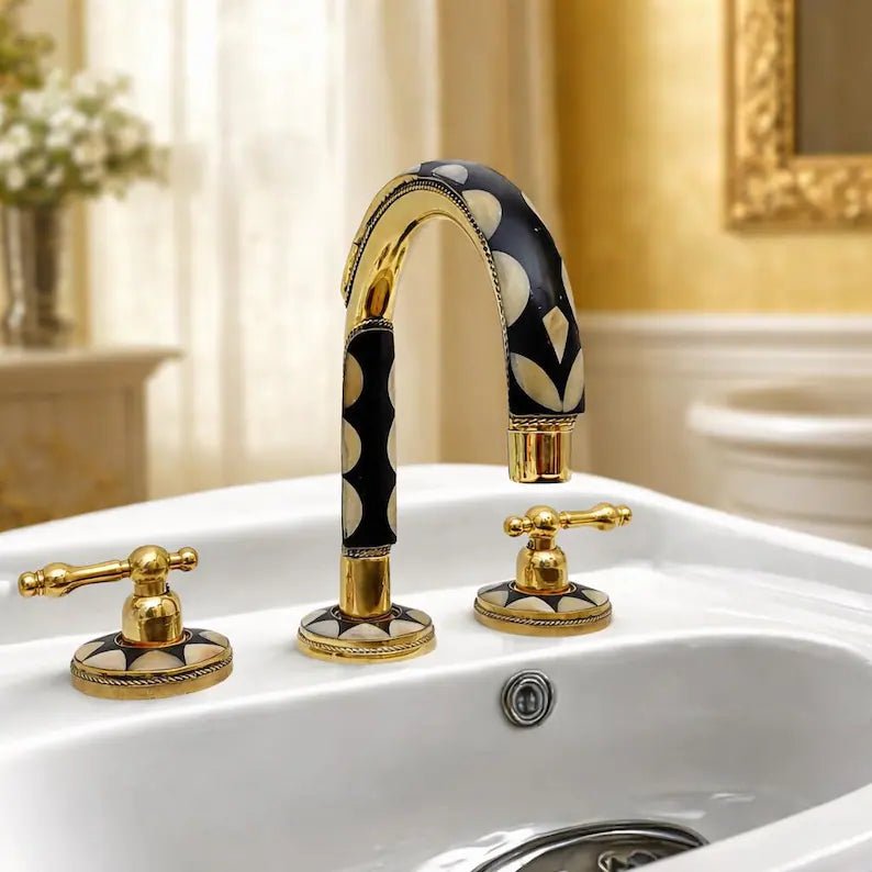 Brass & Wood Widespread 3 Holes Bathroom Faucet - Brass Bath Tap - handcrafted luxury Bathroom Faucets for kitchen and bathroom interiors by Brooklyn Brass