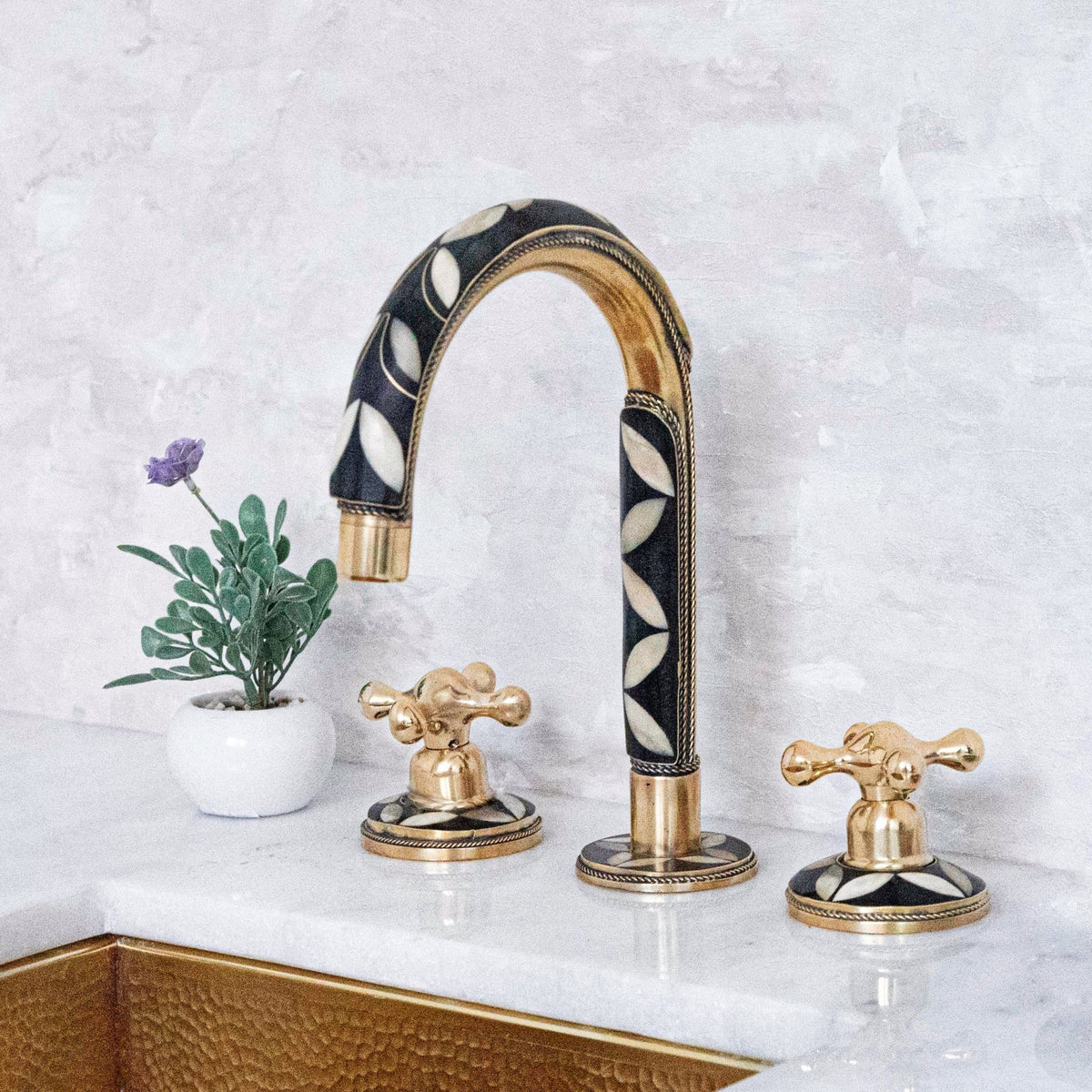 Brass & Wood Widespread 3 Holes Bathroom Faucet - Brass Bath Tap - handcrafted luxury Bathroom Faucets for kitchen and bathroom interiors by Brooklyn Brass