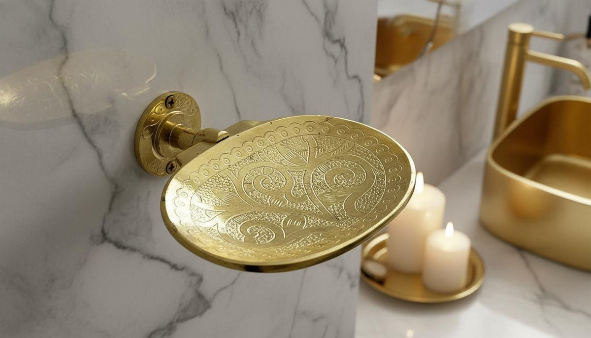 Brushed Brass Wall - Mounted Soap Dish – Hand - Engraved Moroccan Bathroom Accessory - handcrafted luxury for kitchen and bathroom interiors by Brooklyn Brass