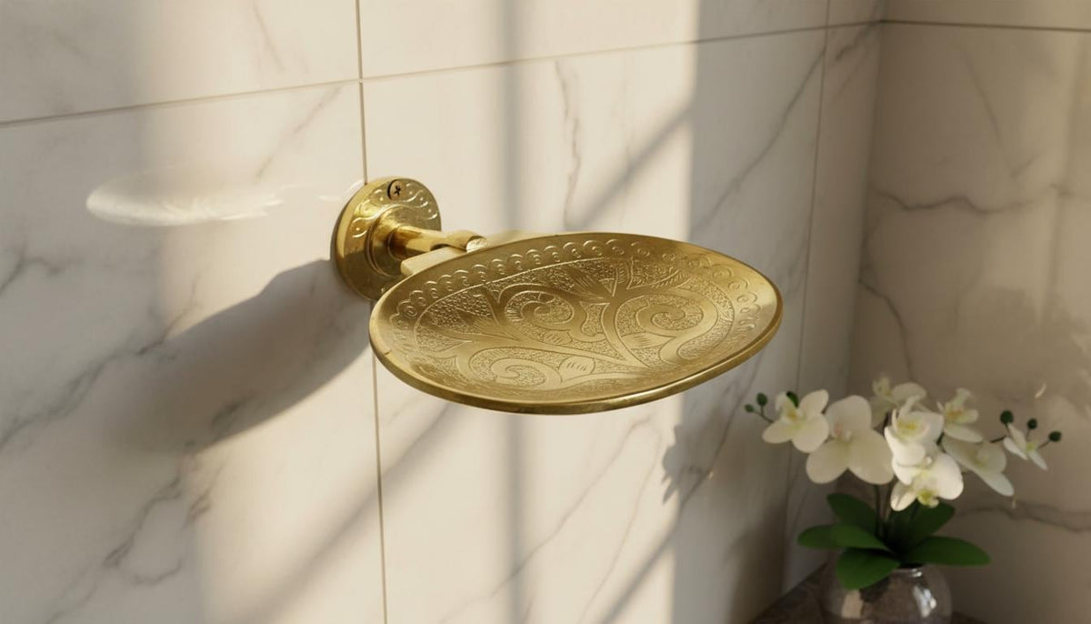 Brushed Brass Wall - Mounted Soap Dish – Hand - Engraved Moroccan Bathroom Accessory - handcrafted luxury for kitchen and bathroom interiors by Brooklyn Brass