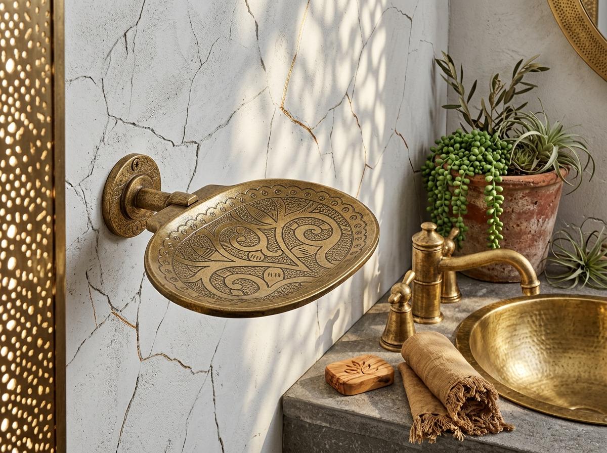 Brushed Brass Wall - Mounted Soap Dish – Hand - Engraved Moroccan Bathroom Accessory - handcrafted luxury for kitchen and bathroom interiors by Brooklyn Brass