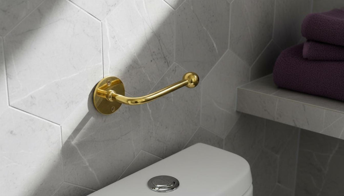 Brushed Gold Brass Grab Bar, Luxury Wall Mounted Shower Support Rail - handcrafted luxury for kitchen and bathroom interiors by Brooklyn Brass
