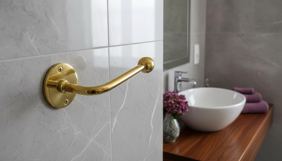 Brushed Gold Brass Grab Bar, Luxury Wall Mounted Shower Support Rail - handcrafted luxury for kitchen and bathroom interiors by Brooklyn Brass