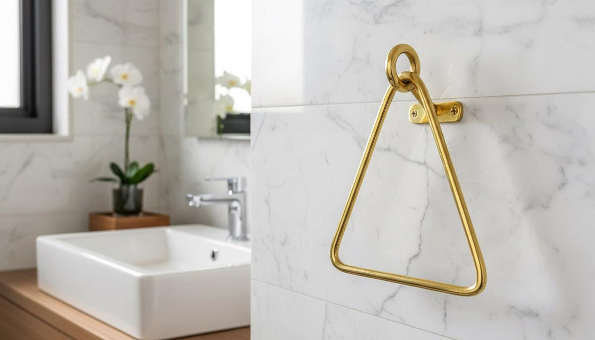 Brushed Gold Solid Brass Triangle Towel Ring – Modern Geometric Wall Mount Holder - handcrafted luxury for kitchen and bathroom interiors by Brooklyn Brass