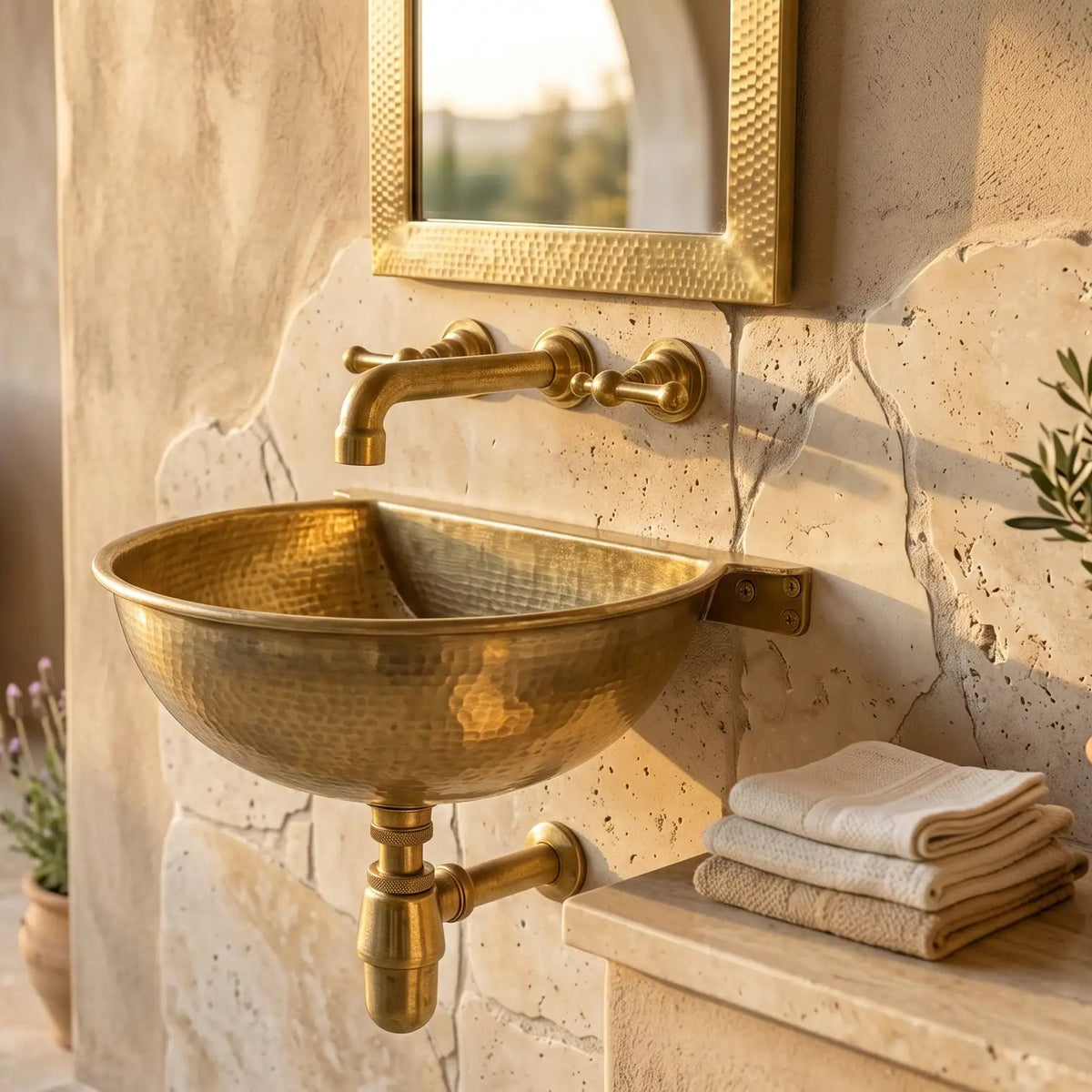 Gold sink and faucet in a rustic bathroom setting with towels and plants.