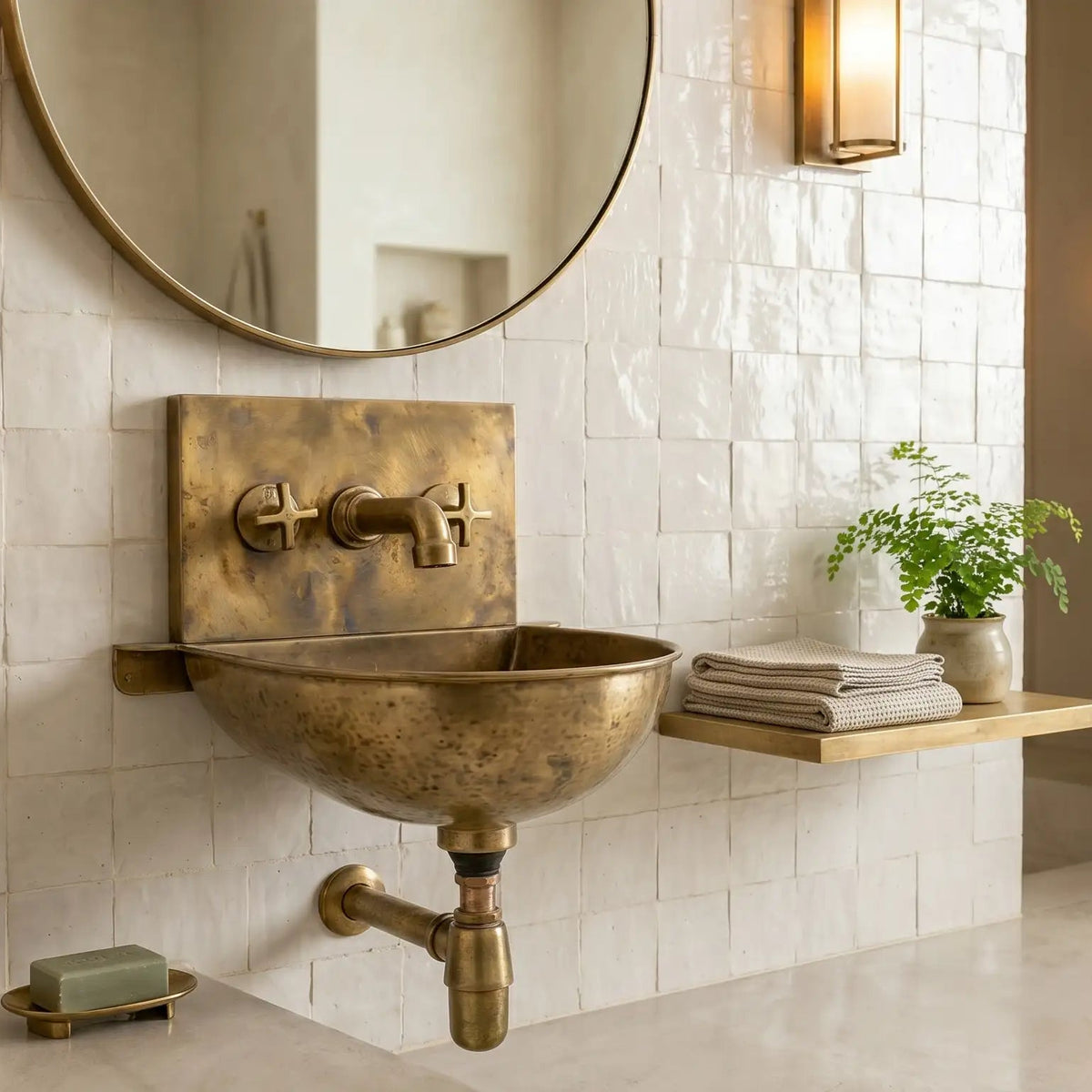 Bathroom with brass sink and round mirror on tiled wall