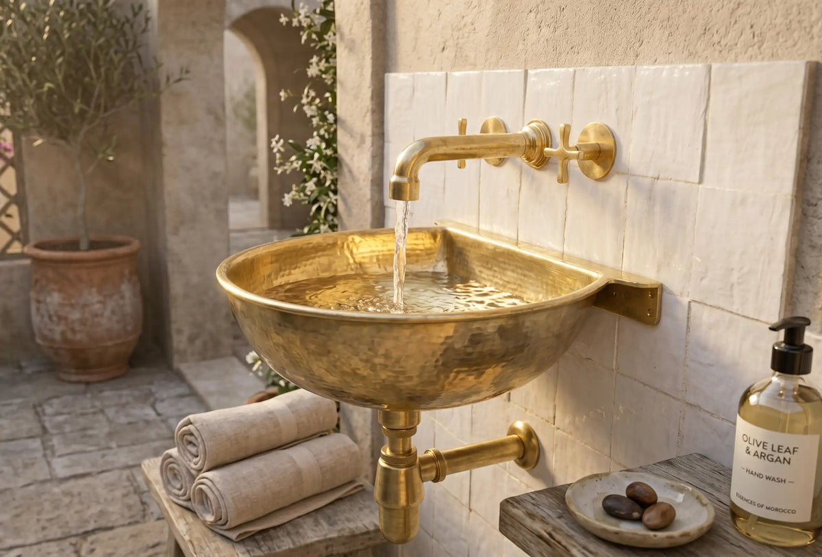 Vintage Brass Wall Mounted Sink with Unlacquered Brass Faucet